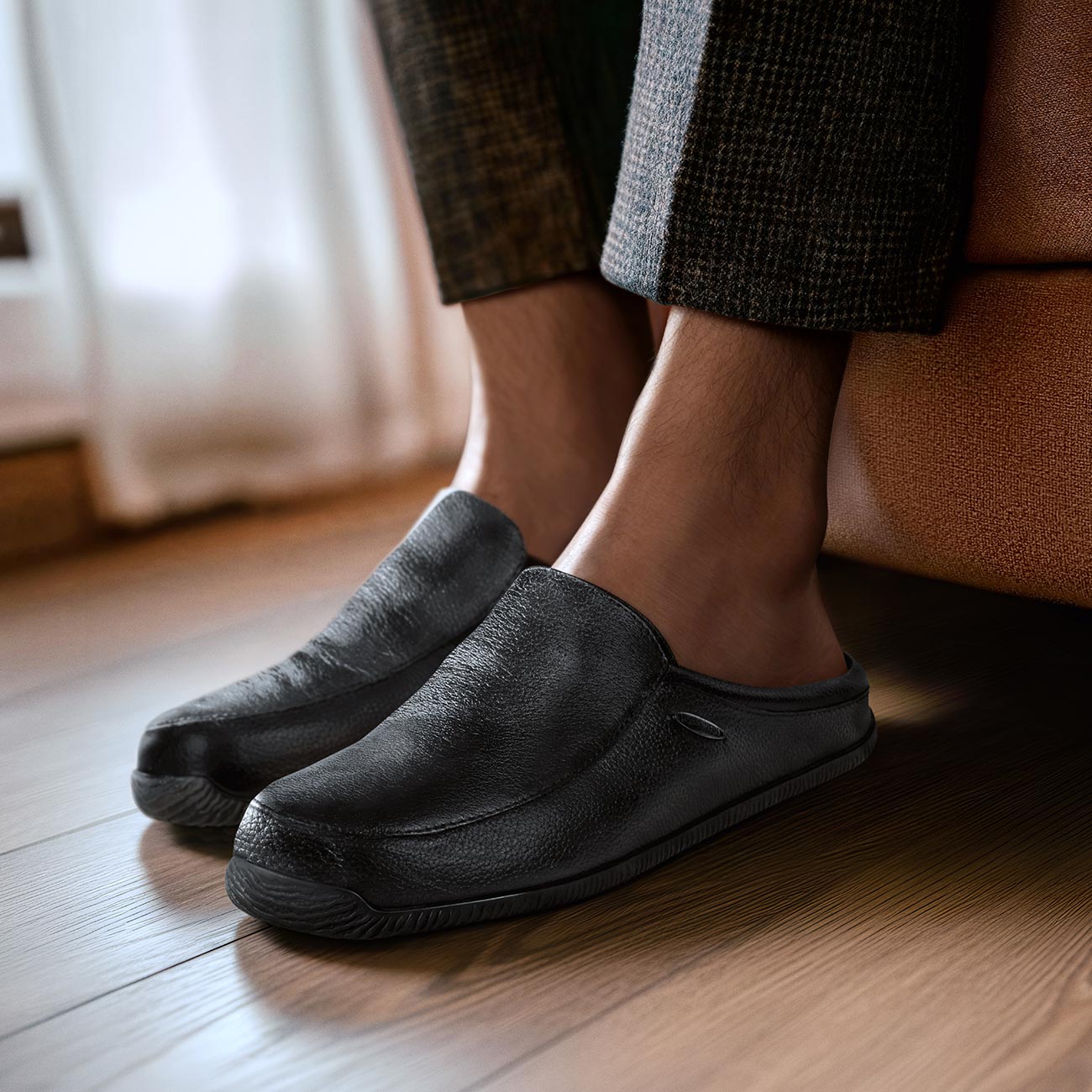 giesswein-manta-herren-leder-hausschuh-slipper-schwarz-mit-gummisohle image 2