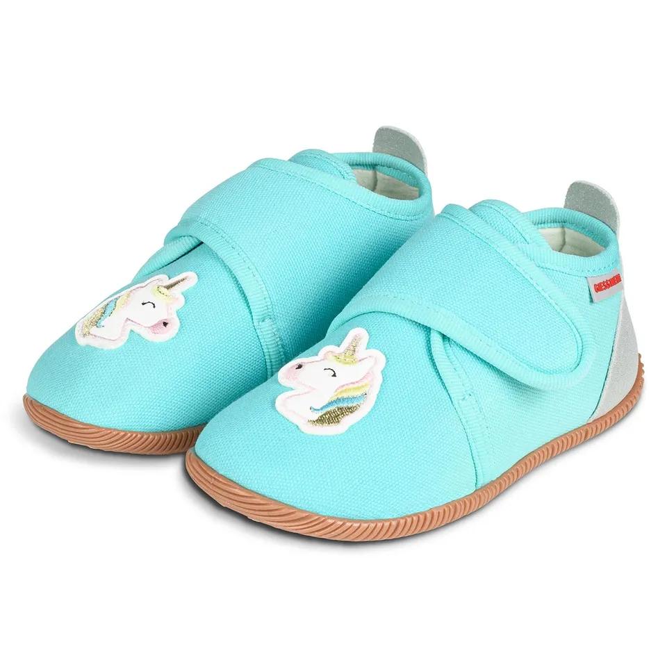 giesswein-sch-nsee-slim-fit-kinder-hausschuh-baumwolle-einhorn-gr-n-mit-klett image 1